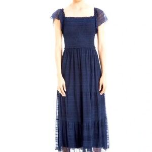 Max Studio Navy Blue Midi Smocked Cap-Sleeve Dress - NWT